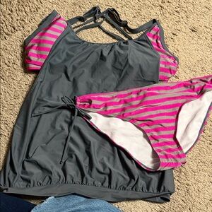 Gray and Pink Striped Swimsuit Set